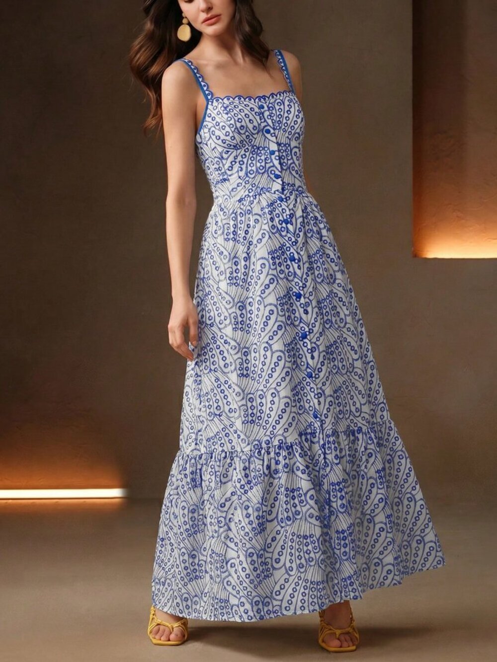 Blue Boho Women's Elegant Floral Embroidered Hollow-Out Ruffle Hem A-Line Dress - Picture 4 of 7
